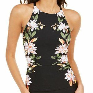 Calvin Klein Rosewood Black Printed High-Neck Crossback Tankini Top NWT